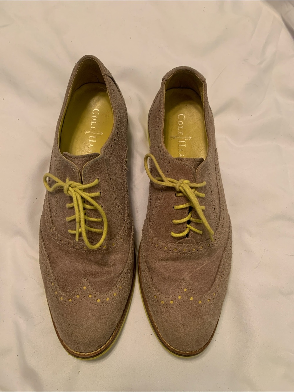 Cole Haan Taupe Suede Wingtip Flats with Yellow Accents